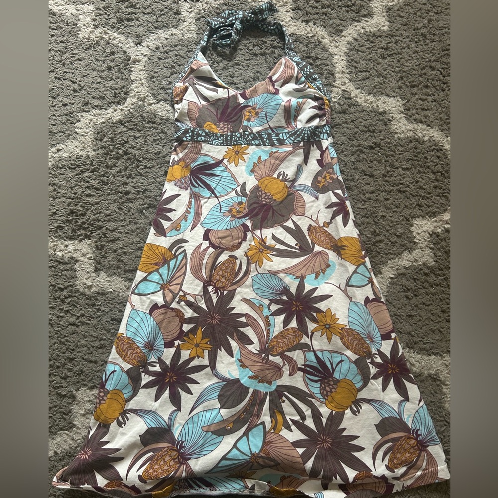 Patagonia Iliana Floral Halter Dress Blue Brown Yellow With Built In Bra Size S